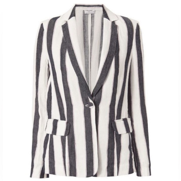 FRAME Linen Classic Striped One Button Blazer Jacket Blue White Size 6 - Picture 1 of 8